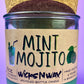 Mint Mojito bottle candle in mint-green glass jar with cork lid and printed label