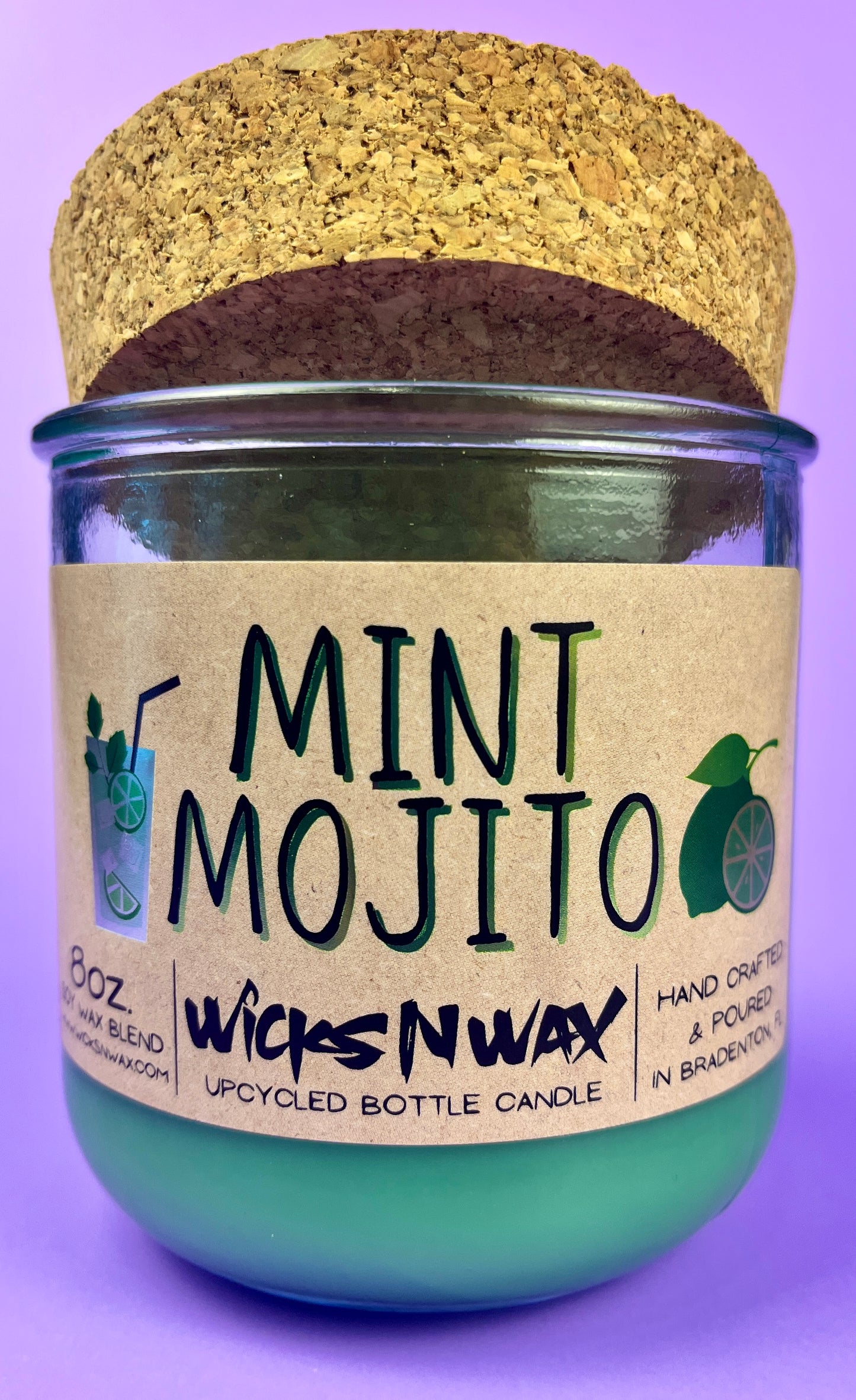 Mint Mojito bottle candle in mint-green glass jar with cork lid and printed label
