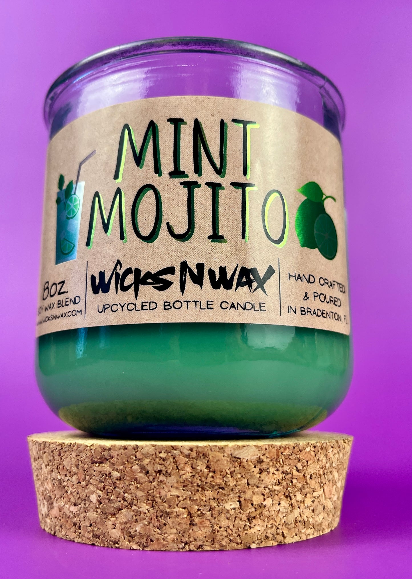 Recycled glass candle with mint-green wax, cork base, MINT MOJITO label and wicks