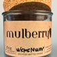 Mulberry WicksNWax upcycled bottle candle in clear glass jar, full label and cork top