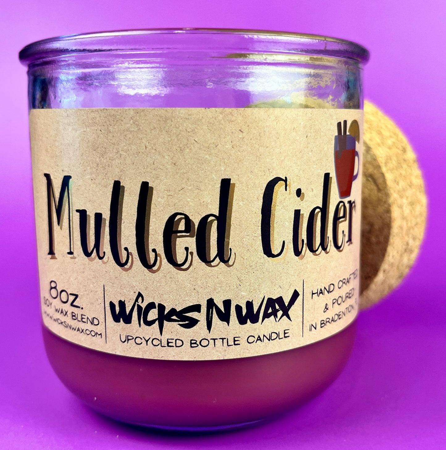 Mulled Cider recycled glass candle with cork lid, purple wax, WicksNWax label
