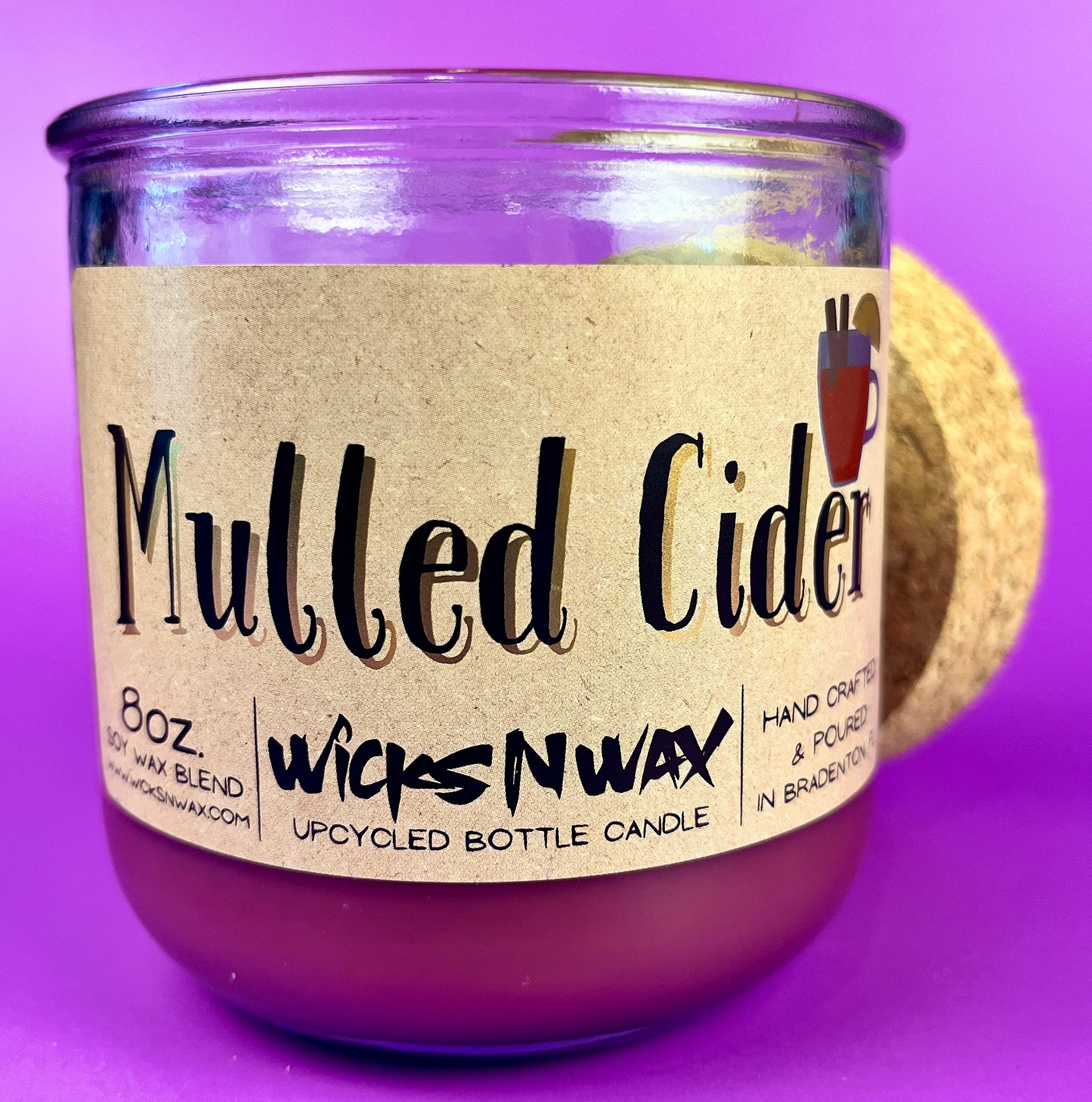 Mulled Cider recycled glass candle with cork lid, purple wax, WicksNWax label