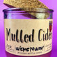 Mulled Cider recycled glass candle with cork lid, purple wax, angled front label