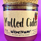 Mulled Cider recycled glass candle with cork lid, purple wax, WicksNWax text