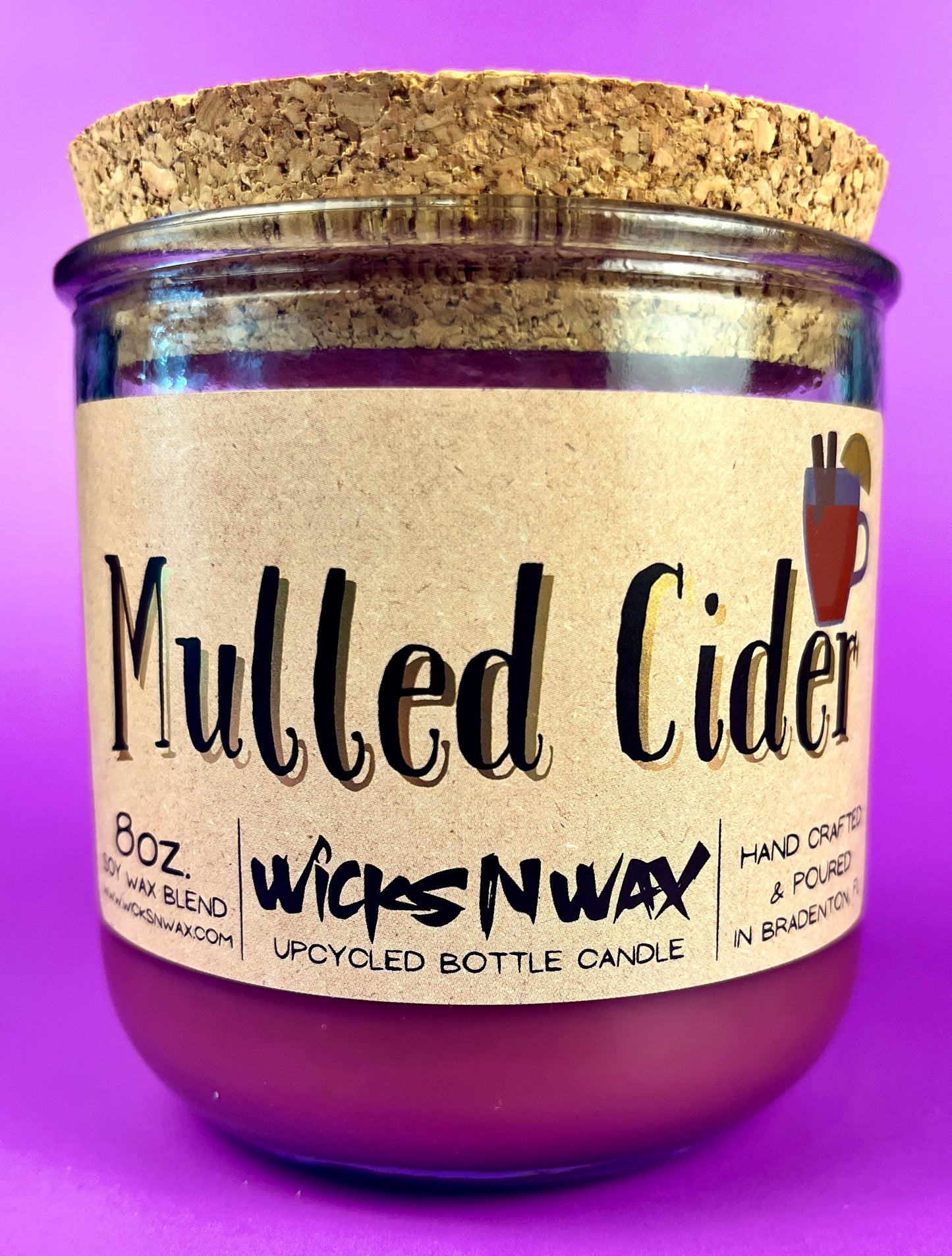 Mulled Cider recycled glass candle with cork lid, purple wax, WicksNWax text