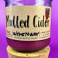 Mulled Cider recycled glass candle with cork base, purple wax jar and label