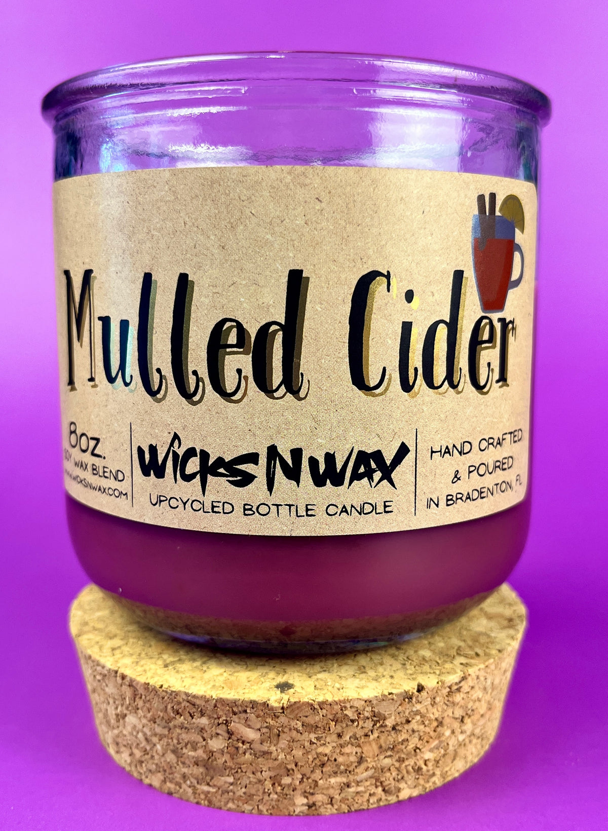 Mulled Cider recycled glass candle with cork base, purple wax jar and label
