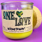 Recycled glass candle jar with yellow wax and One Love label.