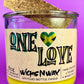 Recycled glass candle in amber jar with cork insert, yellow wax, One Love label.
