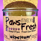 Recycled glass candle with white wax and cork lid, front label with paw icons