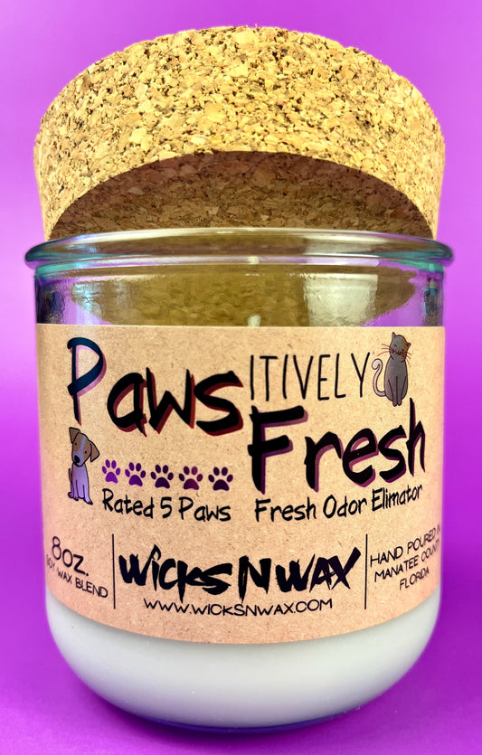 Recycled glass candle with white wax and cork lid, front label with paw icons