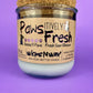 Recycled glass candle with white wax and cork lid, front label and logo details