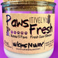 Recycled glass candle in frosted jar with white wax and Pawsitively Fresh label, WicksNWax