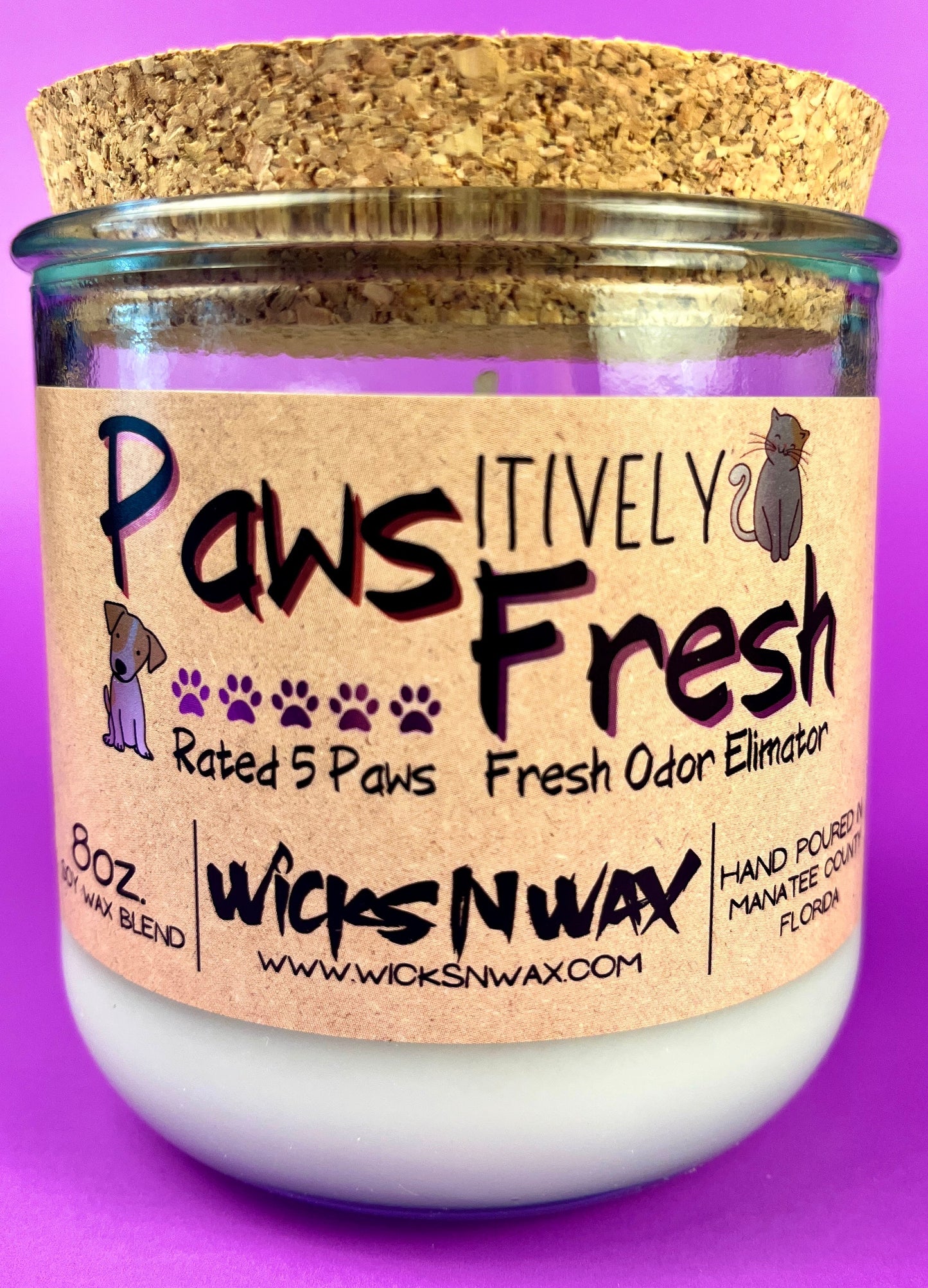 Recycled glass candle in frosted jar with white wax and Pawsitively Fresh label, WicksNWax