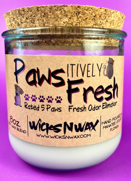 Recycled glass candle in frosted jar with white wax and Pawsitively Fresh label, WicksNWax