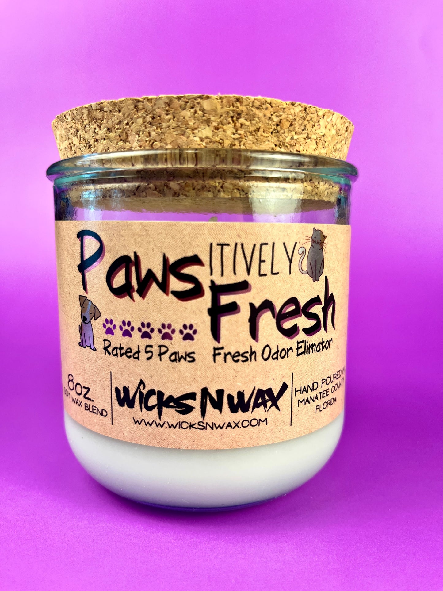 Recycled glass candle with cork lid and cream wax, printed pet odor eliminator label