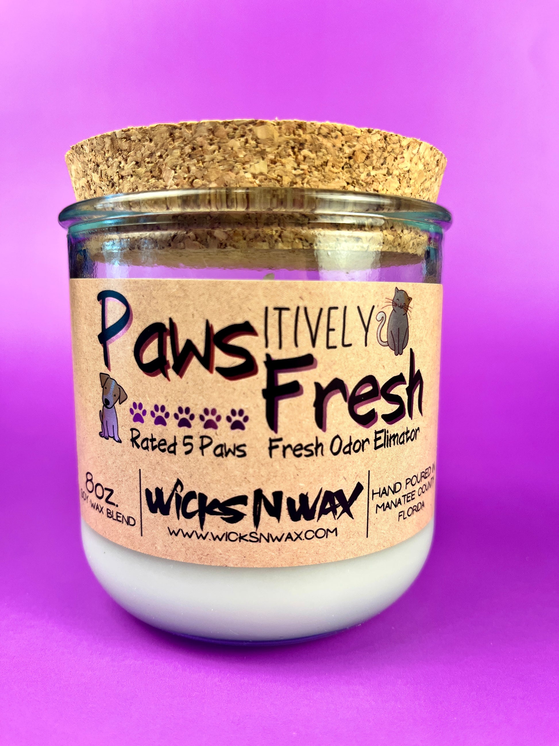 Recycled glass candle with cork lid and cream wax, printed pet odor eliminator label