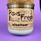 Recycled glass candle with white wax and cork lid, front label in brown and purple