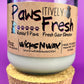 Recycled glass candle with white wax and cork base, paw-themed candle label
