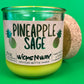 Pineapple Sage recycled glass candle, cork lid and label on green glass jar with yellow wax