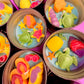 Small round wax melt tin with starfish, sea turtle, and pink and orange shell shapes