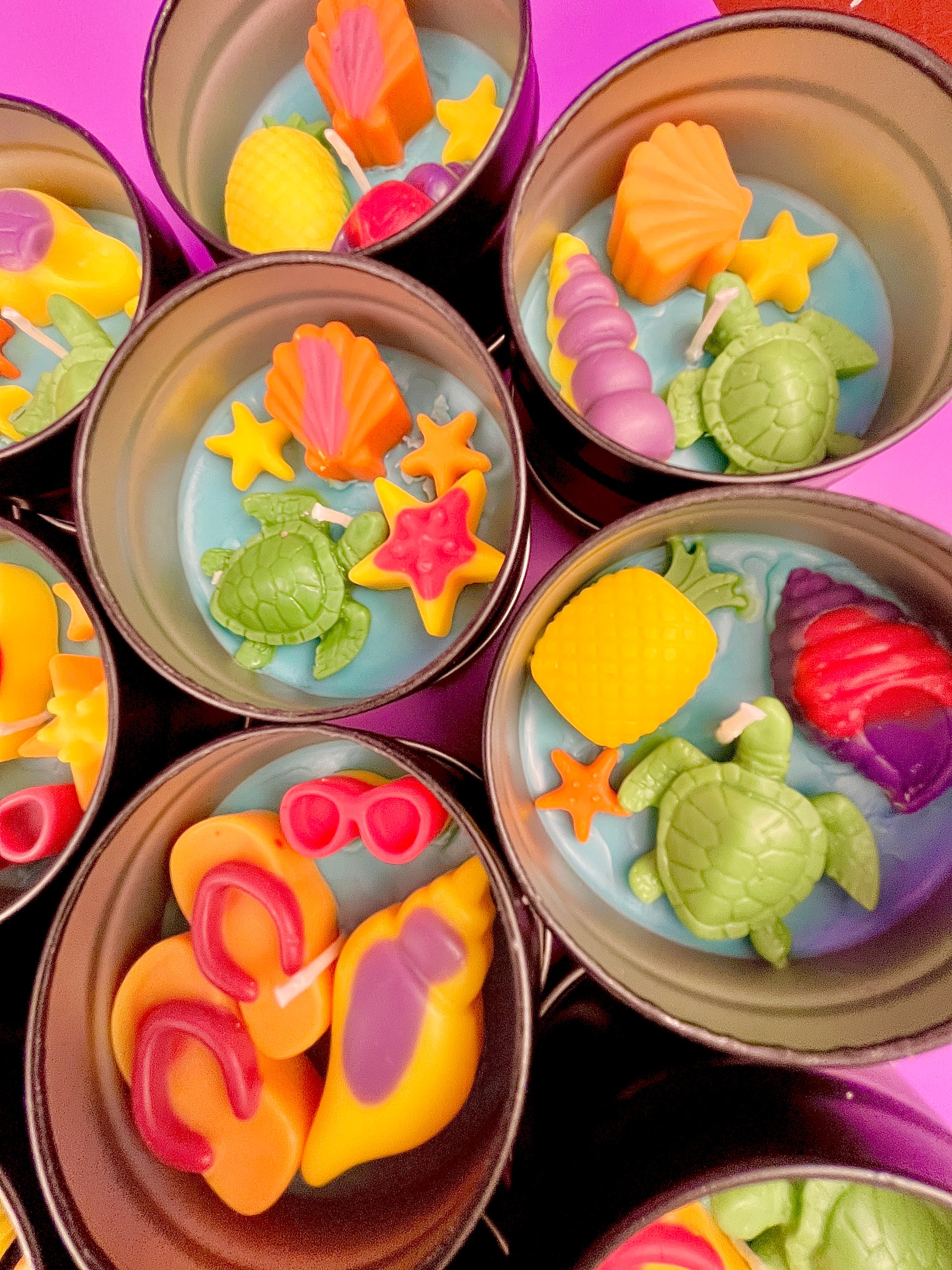 Small round wax melt tin with starfish, sea turtle, and pink and orange shell shapes