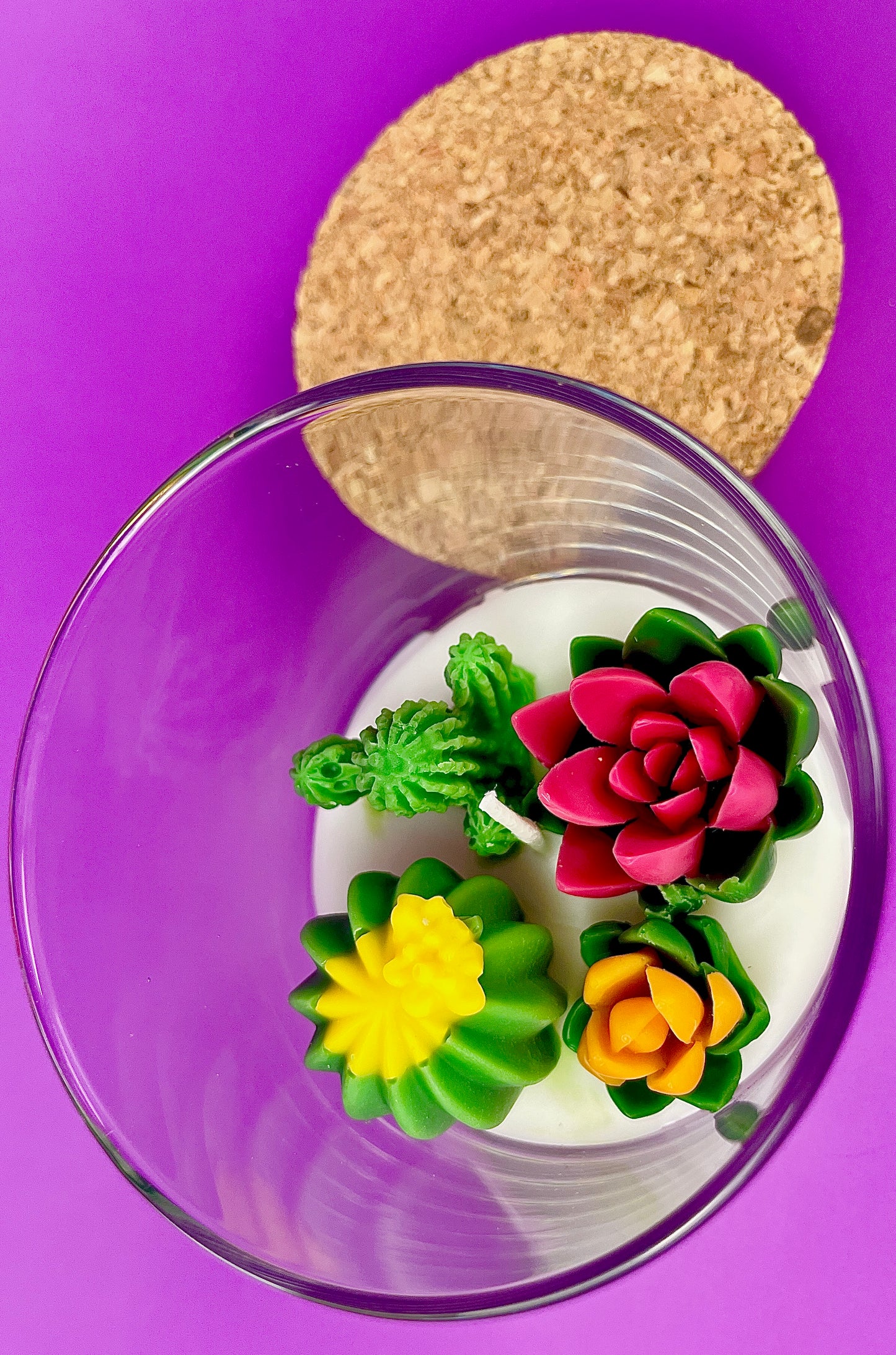 WicksNWax cactus art candle with cork lid and red rose-like and green cactus wax in glass
