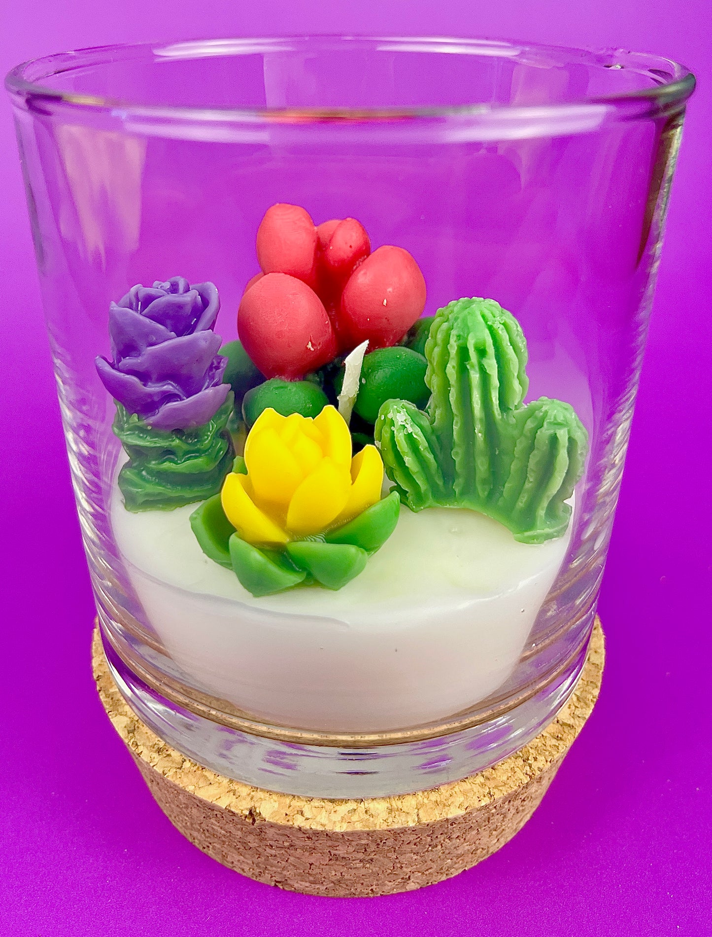 WicksNWax cactus art candle in clear glass with red, green, purple, and yellow cactus wax