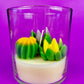 Small cactus art candle: clear glass with green and yellow cactus wax toppers