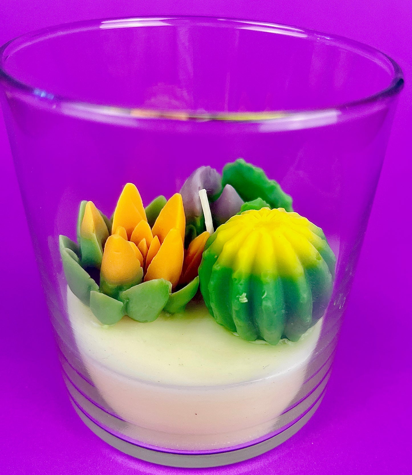 Small cactus art candle: clear glass with yellow and green cactus wax toppers