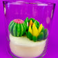 Small cactus art candle: clear glass with green and yellow cactus wax toppers