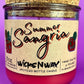 Recycled glass candle with cork lid and printed Summer Sangria label, WicksNWax branding
