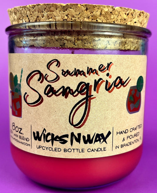 Recycled glass candle with cork lid and printed Summer Sangria label, WicksNWax branding