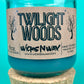 Blue glass candle jar with cork base and Twilight Woods printed label