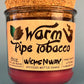 Recycled glass bottle candle with cork lid, red wax, Warm Pipe Tobacco label
