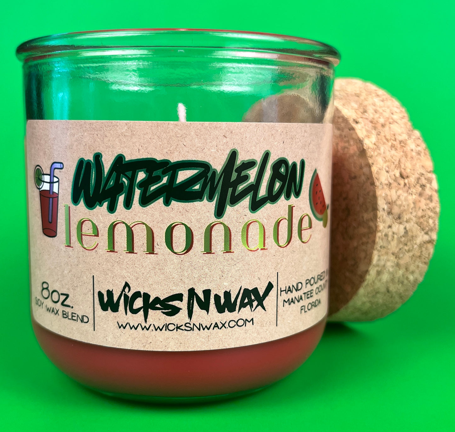 Recycled glass candle jar with cork base, Watermelon Lemonade label, WicksNWax