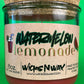 Recycled glass candle jar with brown wax, Watermelon Lemonade label, cork lid