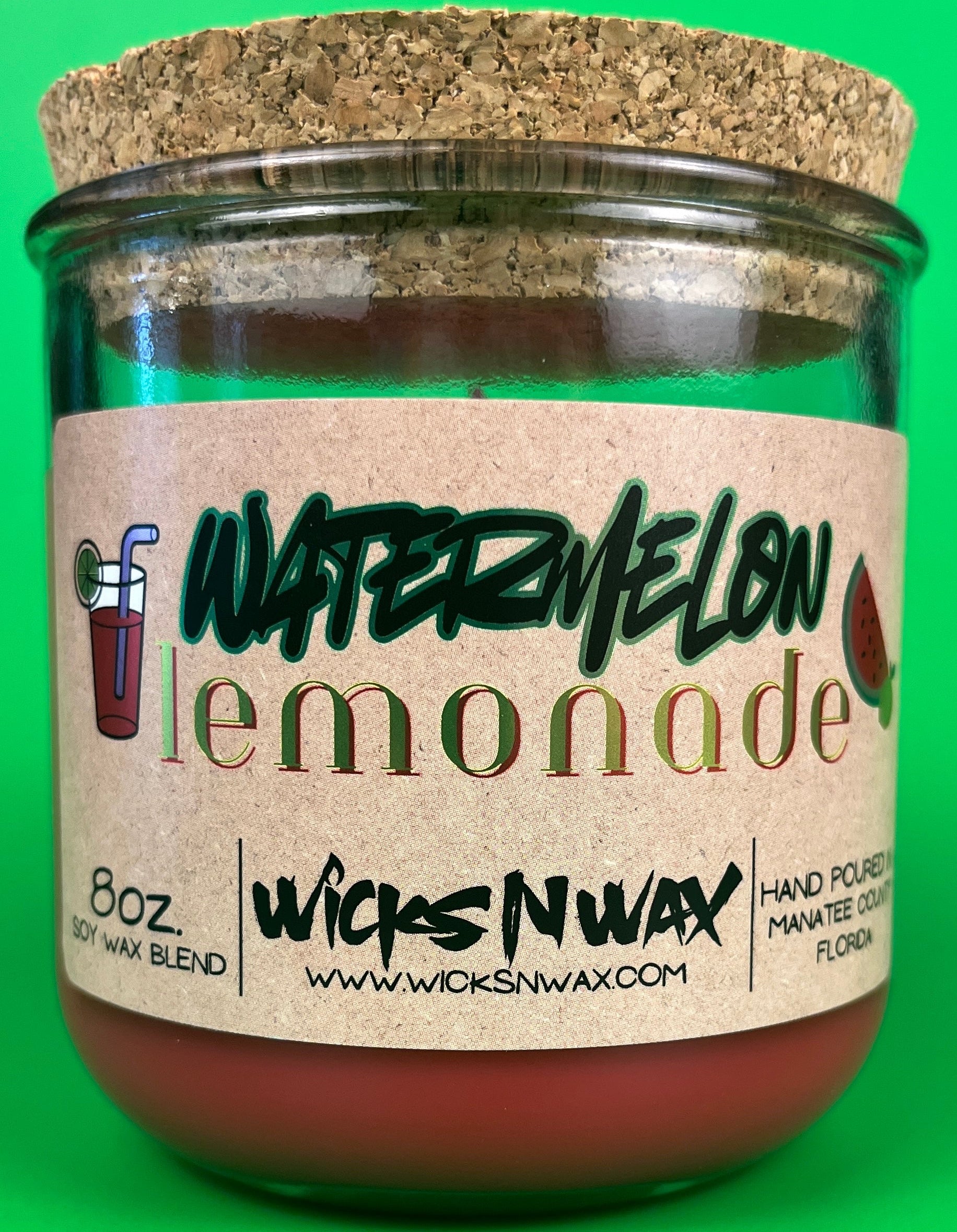 Recycled glass candle jar with brown wax, Watermelon Lemonade label, cork lid