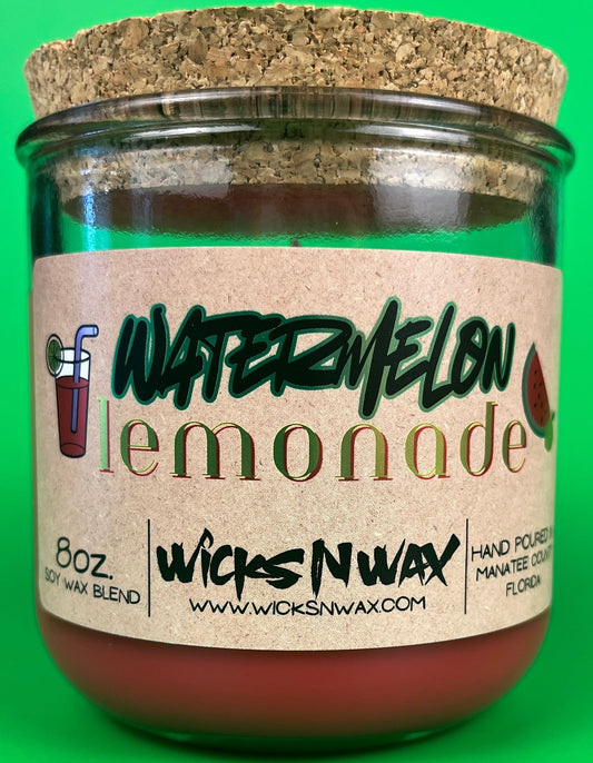 Recycled glass candle jar with brown wax, Watermelon Lemonade label, cork lid