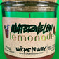 Recycled glass candle jar with brown wax and visible center wick, Watermelon Lemonade label