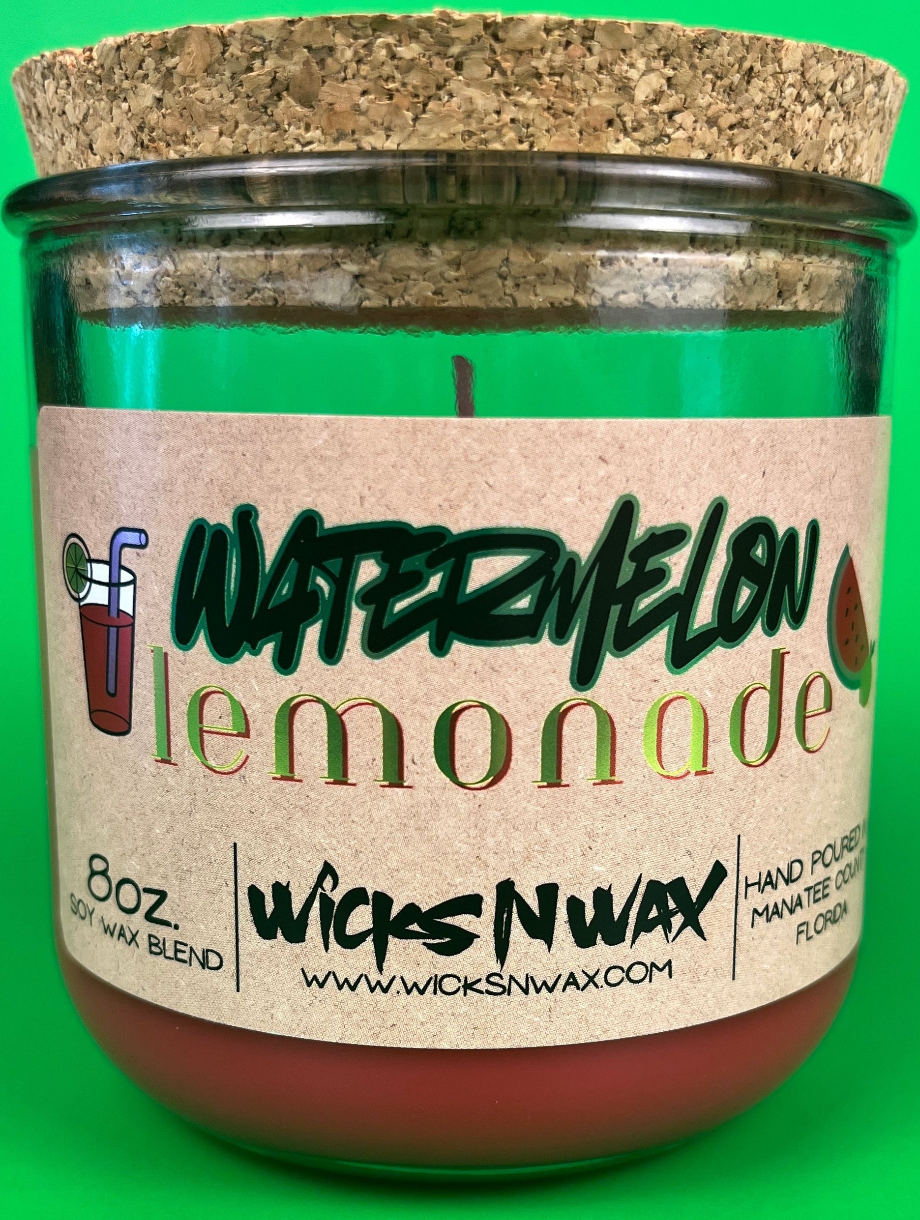 Recycled glass candle jar with brown wax and visible center wick, Watermelon Lemonade label