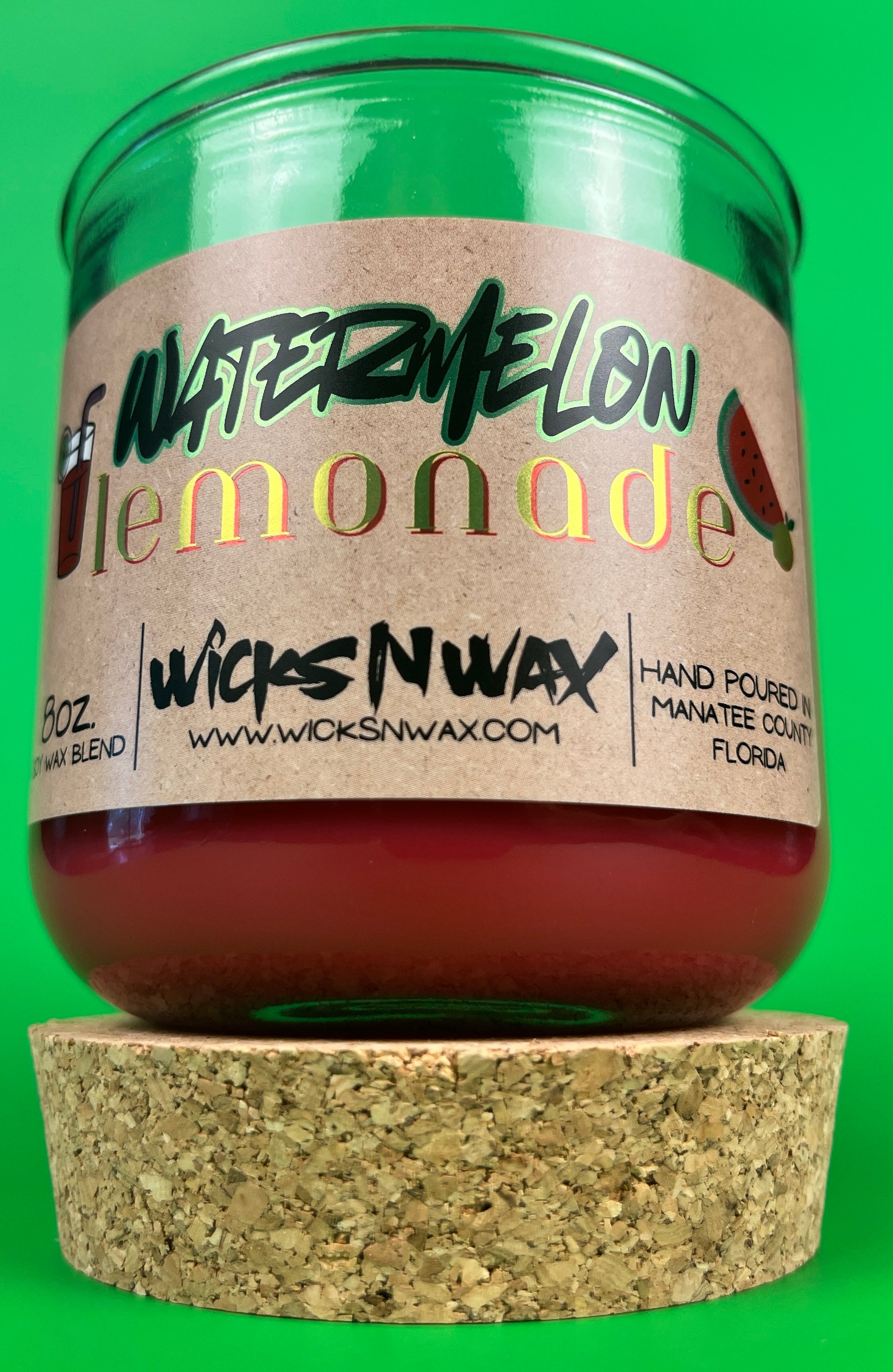 Recycled glass candle with cork lid, Watermelon Lemonade label, WicksNWax