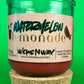 Glass candle jar with red wax and cork base, watermelon lemonade label on front
