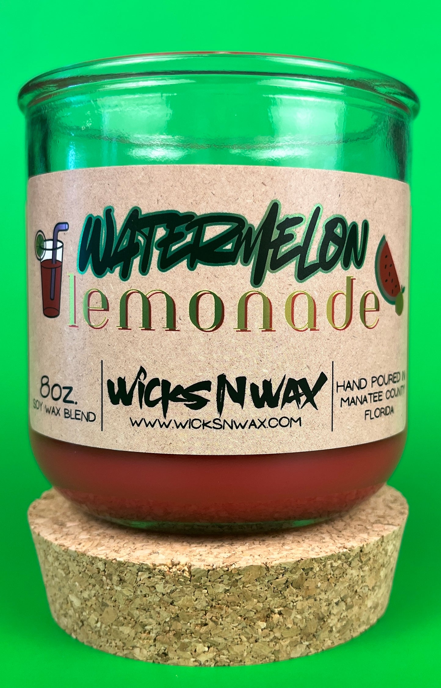 Recycled glass candle with red wax, watermelon lemonade label, cork base