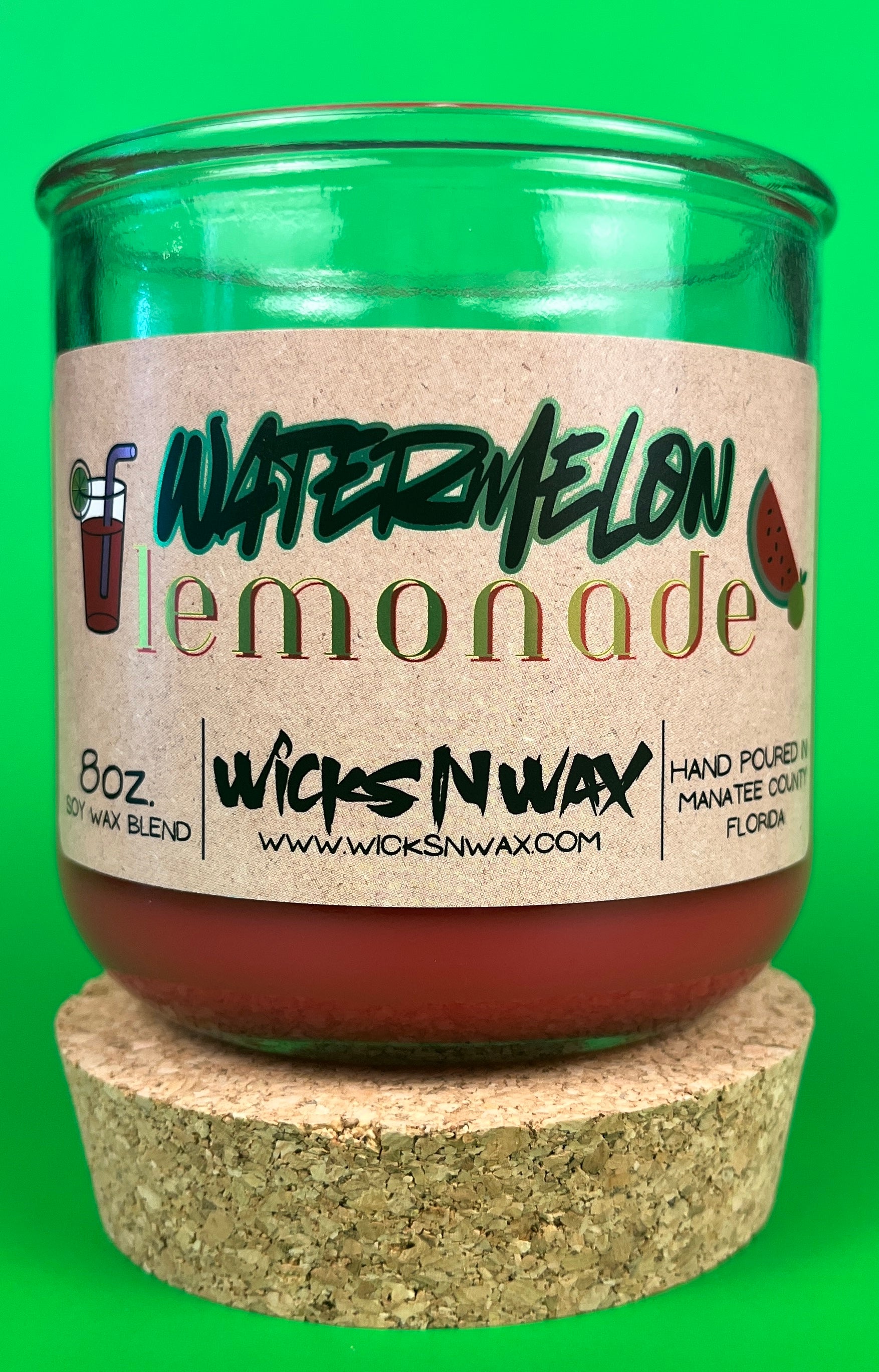 Recycled glass candle with red wax, watermelon lemonade label, cork base