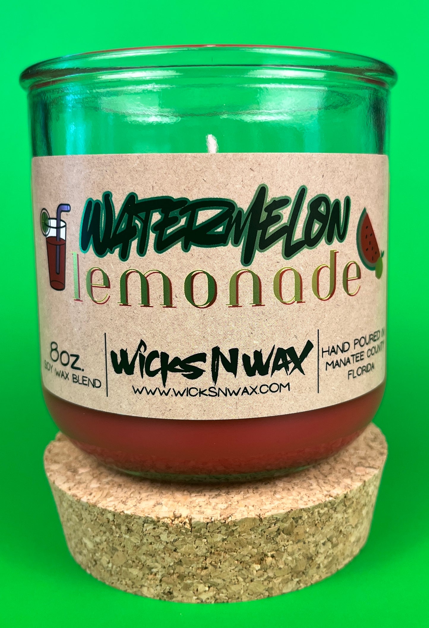 Recycled glass candle jar with red wax, watermelon lemonade label, on cork base