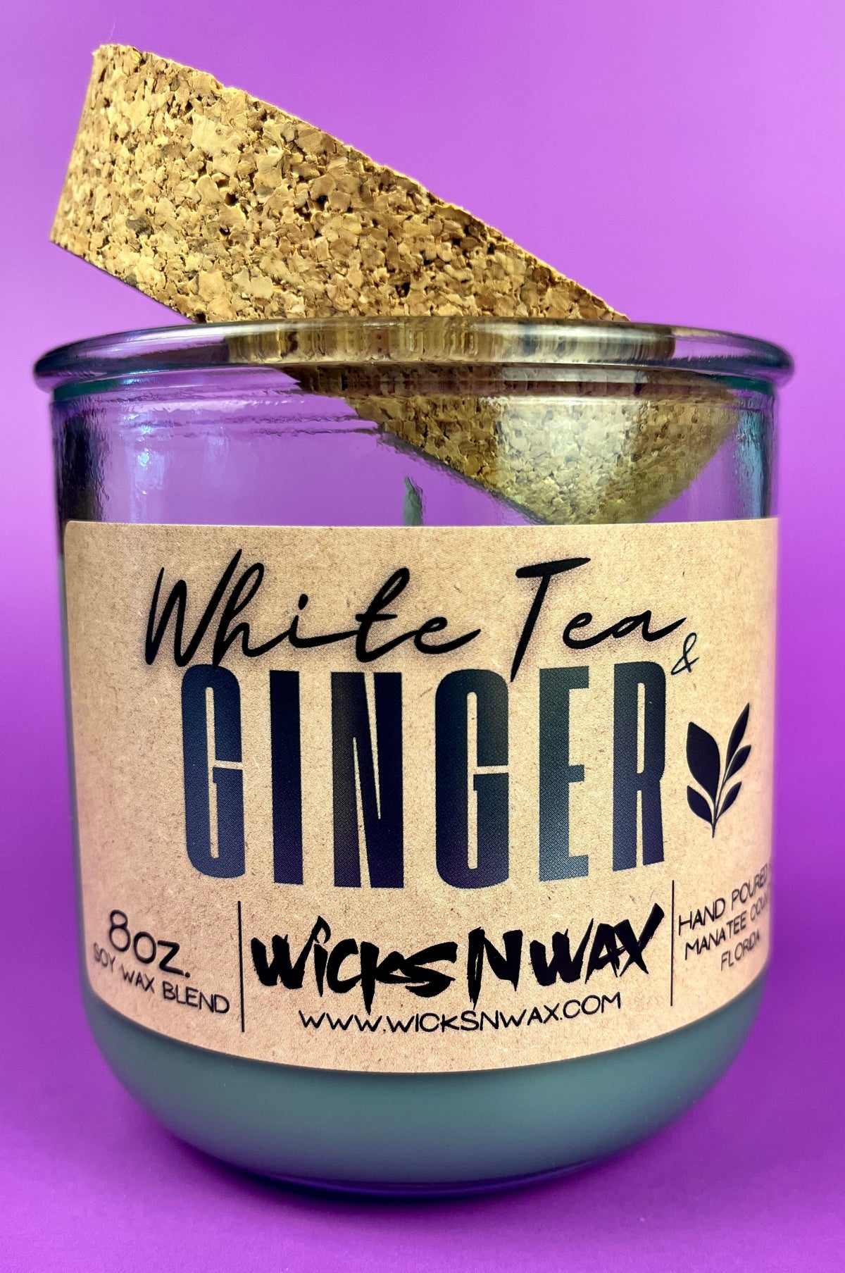 Recycled glass candle jar with cork lid angled, White Tea & Ginger label, WicksNWax.