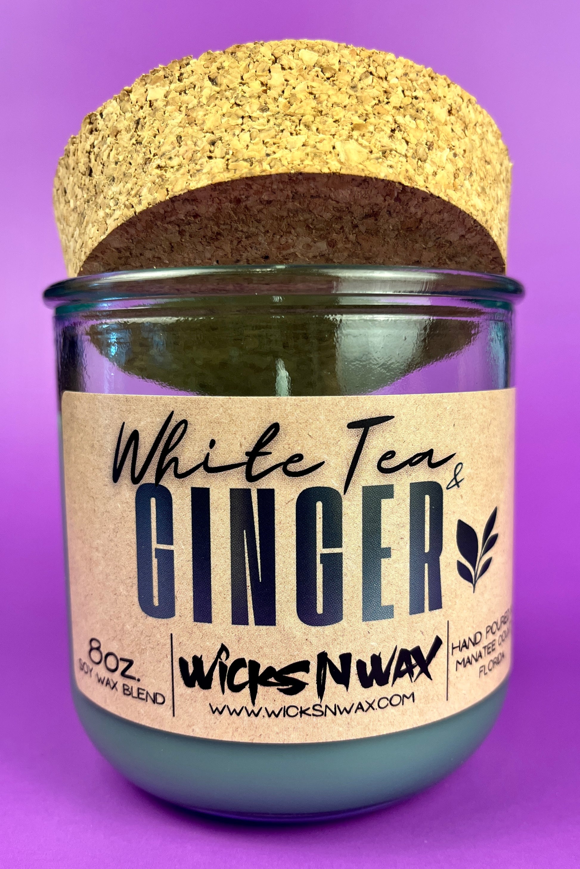Recycled glass candle jar with cork lid and White Tea & Ginger label, WicksNWax.