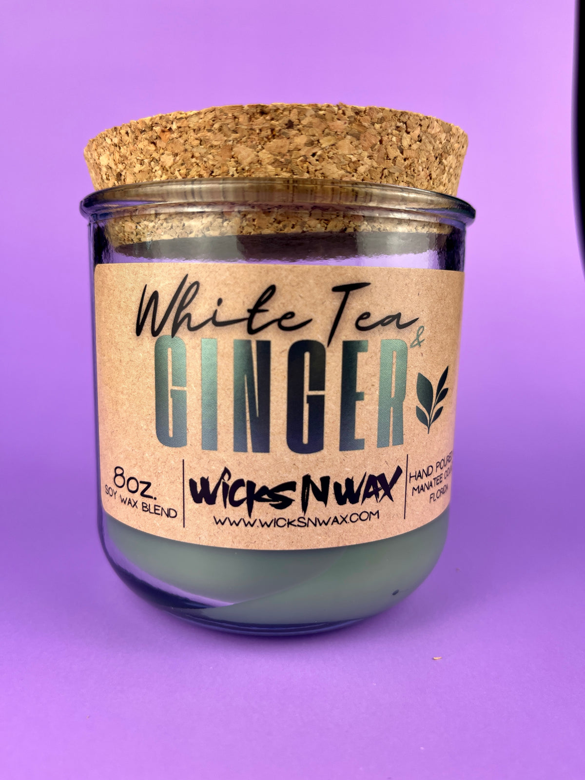 Recycled glass candle jar with cork lid and White Tea & Ginger label, WicksNWax.