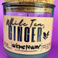 Recycled glass candle jar with cork lid and White Tea & Ginger label, WicksNWax.